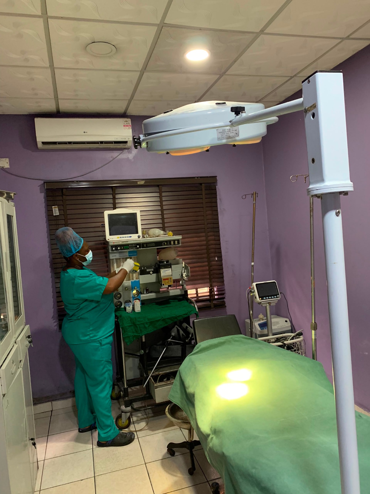 Operating theatre at Prestige Specialist Hospital with surgical equipment and theatre lighting